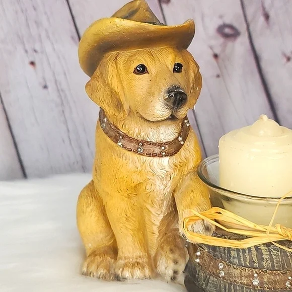 Western Cowboy Hat Yellow Labrador Retriever Dog Puppy Resin Candle Holder 6"x6" - Picture 4 of 16